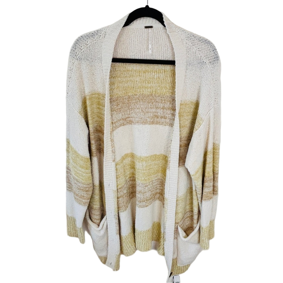 Free People South Port Cream and Tan Striped Long Sweater Cardigan SZ Medium - Picture 11 of 11